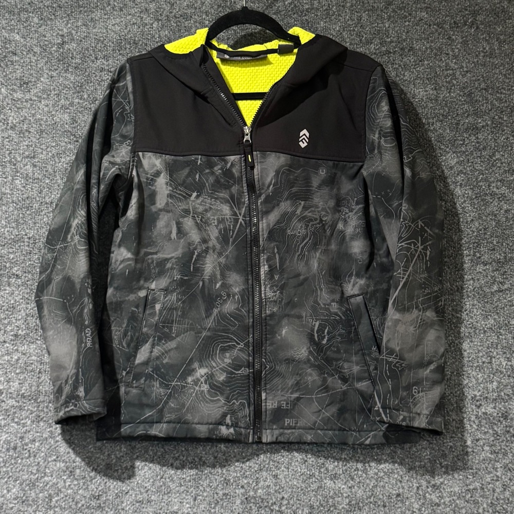 Free Country Softshell Jacket Boys 14/16 Grey Black Excellent Topo Map Hooded